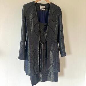 LIANCARLO Vintage Silk Silver and Blue Brocade Evening Dress and Jacket Size 4